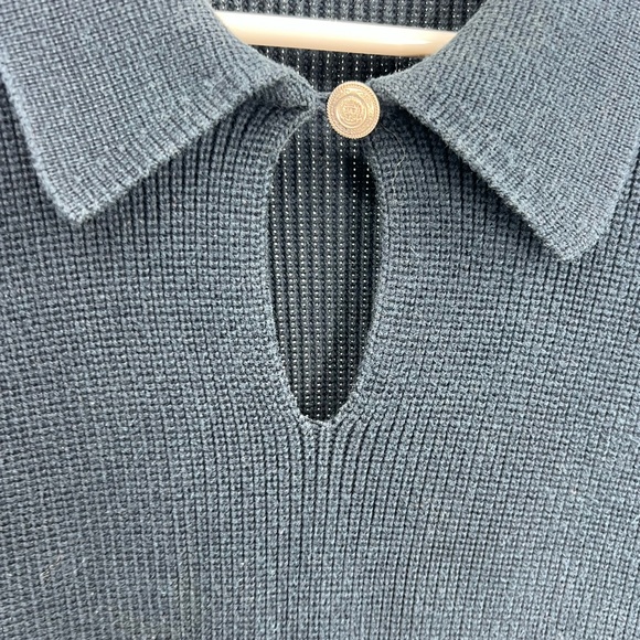 Liz Claiborne Collection L cotton rayon collared keyhole sweater navy casual - Picture 6 of 8